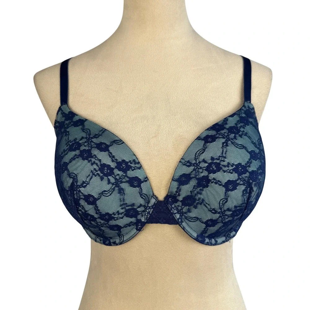 Victorias Secret Lined Perfect Coverage Bra 38C Navy Blue Aqua Floral Lace